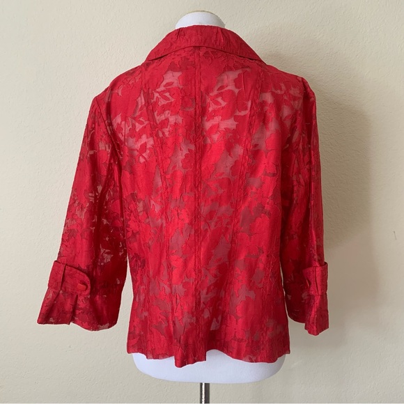 Clara Sun Woo Red Sheer Floral Two Button Blazer Jacket Size Large 3/4 Sleeve - Picture 3 of 10